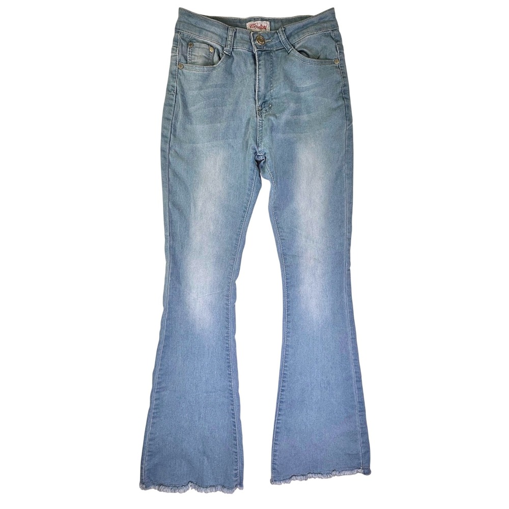 Red Bottoms High Rise Flare Jeans Light Wash Frayed Hem RB-10114LW Size 5/6